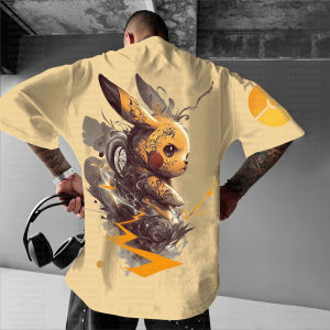 Bandai | Summer 2026 Pokemon Cotton T Shirt Pikachu Back Print Steampunk Gear Design Orange Lightning Effects Loose Fit Men Women