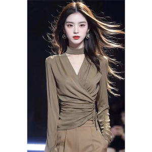 Elegant French Style Long Sleeve Shirt Womens Neck Hanging V-Neck Slim Fit High Collar Unique Beautiful Top for Spring