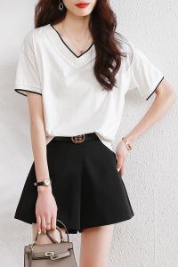 Summer Design Loose V-Neck Short Sleeve T-Shirt Womens Body Fit Color Block Slimming Top White Casual Fashion Polyester
