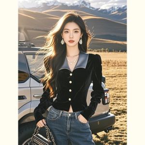 GOUWU | Elegant Luxury Black Velvet Blouse