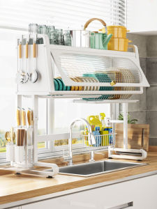 Modern Simplicity Kitchen Sink Storage Rack Dishwashing Basin Bowl Cabinet Home Use Countertop with Draining Tray Chopsticks Plate Drainage Bowl Dish Storage