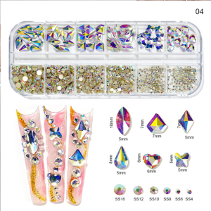 12Grids 3D AB/White Nail Art Rhinestones Mixed Heart/Butterfly/Drop/Round Flatback Glass Diamond Nail Charms DIY Nail Art Decor