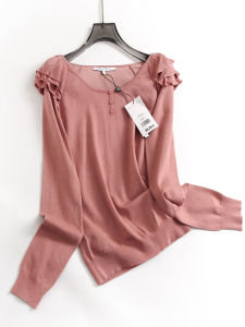 Soft Pure Color Long Sleeve round Neck Womens Knitted Shirt Fashionable Slim Fit Base Layer Top with Shoulder Layering G864