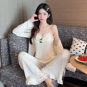 หวาน Polka Dot Modal ชุดนอน ชุดผู้หญิงที่มีแผ่นหน้าอกเสื้อผ้าบ้านแขนยาว คอวี กางเกงขายาว ฤดูใบไม้ร่วง สินค้าใหม่