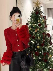 Red Knitted Short Sweater Coat Womens Autumn Winter New Years New Style Small Size Coat Spring Straight Tube Plan