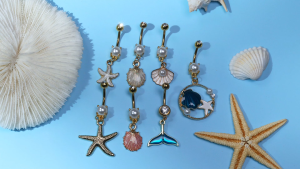 ZS 1PC 14G Shell Navel Piercing Ocean Belly Button Ring Crystal Belly Ring Pearl Navel Ring Fashion Body Piercing Jewelry for Women Girls