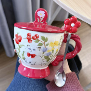 LUXIAOSHI | Cute Cat Floral Ceramic Mug with Lid