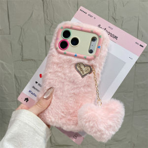 Potdemiel | Luxury Love Heart Pendant Fluffy Plush Phone Case For iPhone 17 16 15 14 13 12 Pro Max Lens Holder Shockproof Protective Cover