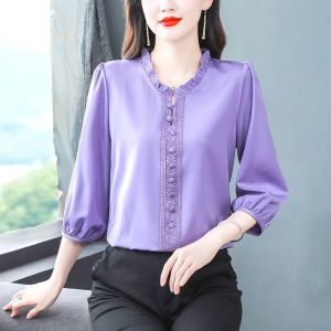 Chiffon Shirt Womens Summer Top New Satin And Fashion 3/4 Sleeve Top Large Size Solid Color Korean Style Blouse