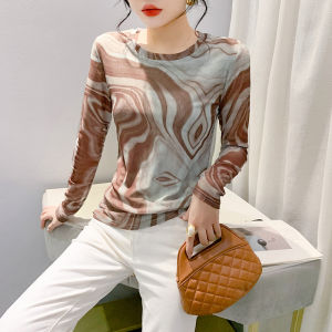 REHIN European Style Mesh Brown Color Wave Print Slim Fit Long-Sleeve T-shirt 2024 Fall/Winter Fashion Round Collar Elegant Womens Top