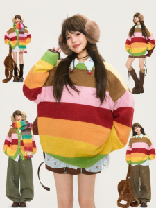 KEIKO | Rainbow Stripe Knit Sweater Thickened