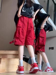 Red American Workwear Short Pants Womens High Waist Loose Straight Casual Quick Dry Sports Five-Point Summer Trousers