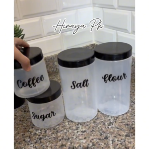 Hiraya Ph 3 Pcs Set 1000 ml Plastic Coffee Canister Clear White w/ Scooper & Waterproof Label Kitchen Container