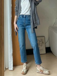 High Waist Straight Leg Denim Jeans Womens Spring Autumn Slim Fit Retro Blue Eighteen Small Straight Tube Pants