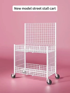 Isidoro.os 2-Tier Grid Handcart Cart Collapsible Rack Basket Rack with Wheels Easy‑fold Adjustable Base