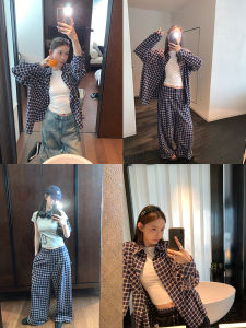 Loose Plaid Shirt A-Line Skirt Pants Three-Piece Set Comfortable Holiday Fashion Blue Grid Minimalist Womens Business Casual Cotton Blend Spring Collection