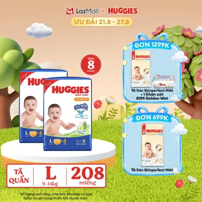 [17-24.08 GIẢM THÊM 90K] Combo 2 Gói Tã/bỉm quần HUGGIES SKINCARE MEGA JUMBO size L100+4 miếng