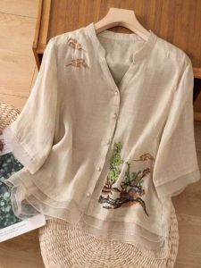 Lightweight Embroidered Cotton Linen Shirt Womens Spring Summer V-neck Sleeveless Traditional Ethnic Style Loose Fit Button-down