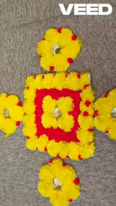 Rangoli Artificial Marigold Flower Rangoli Mat and Tealight Candle Holder Rajasthani Golden Gota Mat for Festive Decoration | Diwali Gift | Pooja Decor | Festive Decor (Size - 10inches | Color - Yellow & Orange)