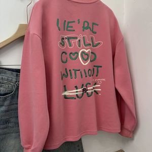plus Size American Style Pink Letter round Neck Hoodless Sweatshirt Women Loose Slimming Overhead Shirt Fall Seasonal Wear