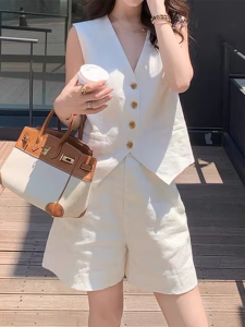 Shalldoer | Casual Simple Womens Two-Piece Set Single Button Shoulder Vest Loose Shorts Summer New Arrival Fashion Elegant V-Neck Button-Up