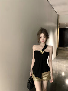 GUZILIAN | เสื้อกั๊กคอวีไม่มีแขนสำหรับผู้หญิง ฤดูร้อน 2024 แขนกุด เสื้อกั๊กผูกอก เสื้อคลุมกันหนาวแบบไม่สมมาตร แฟชั่นสำหรับงานปาร์ตี้