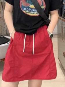 plus Size Summer Slimming Red Elastic Waist Skirt Pants Women Fat MM Short Skirt Small Size High Waist A-Line Workwear Half Skirt