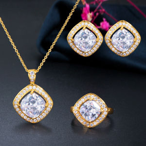 SEQUITO Delicate Yellow Gold Plated Pave Dazzling White AAA Cubic Zircon Party Jewllery Sets Square Stud Earrings Ring Necklace Set for Fashion Women Daily Wear SJ367