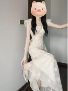 Đầm dài CHANGTONG tay cánh thêu hoa chất liệu polyester phong cách Fairy French