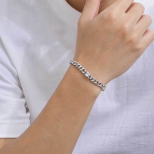 Kemstone Stainless Steel Cuban Chain Bracelet with White Zircon for Women Men Fashion Jewelry