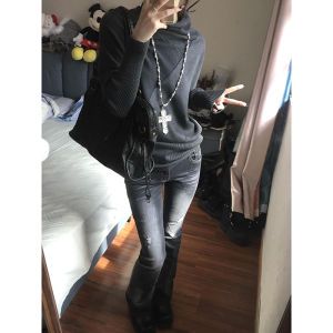 High Waist Bell Bottom Jeans Womens Spring Autumn New Style American Retro Extended Length plus Size Hole Slimming Versatile Denim Jeans