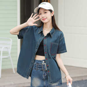 Retro Hong Kong Style Womens Loose Fit Short Sleeve Denim Shirt Breathable Comfortable Summer New Design Thin Cotton Blend Polo Collar