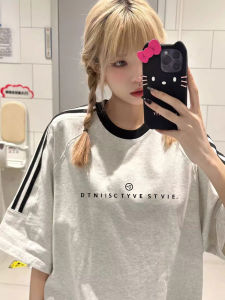 Loose Oversize Cotton Short Sleeve T-Shirt Womens Student 2025 Summer New Three Bars T-Shirt Top Ins Best Selling Korean Style Commute