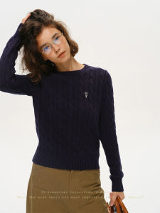 SHEITAOZI | Round Neck Pure Color Knit Sweater with Cable and Embroidery Autumn