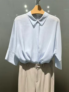 Summer New Style Womens Loose Fit Silk Shirt Simple Design Slimming Light Blue Versatile Business Casual Button up Top