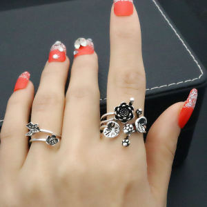 แหวนสองนิ้วสไตล์เกาหลีและญี่ปุ่นแบบเรโทรทำมือ แหวนนิ้วชี้และนิ้วกลางแบบเปิดชุบเงิน แหวนดอกบัวสำหรับผู้หญิง