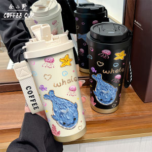 แก้วกาแฟสแตนเลส 316 แบบมีฉนวน ผู้หญิง ความสวยงามสูง ลายแมงกะพรุนและดาวทะเล ขวดน้ำพกพาสำหรับผู้หญิง แก้วน้ำเดินทาง