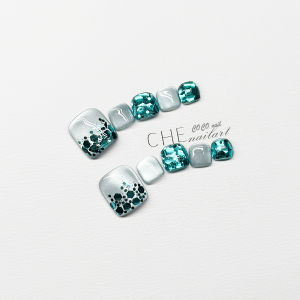 2025 Handmade Nail Art Wearable False Nails Ice Blue Glitter Flashing Versatile Whitening Toe Nails High-End Sensation 515