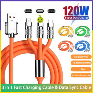 【Hàng có sẵn】Bộ sạc siêu nhanh 3 trong 1 120W 6A Hợp kim kẽm lạnh tương thích cho điện thoại iPhone Micro USB loại C Cáp sạc USB