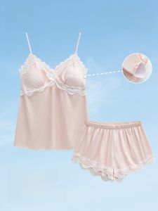 MiiOW | ชุดนอนผ้าไหมน้ำแข็งสำหรับผู้หญิง Catman ฤดูร้อนปี 2025 ชุดอยู่บ้านระบายอากาศได้ดีพร้อมแผ่นรองหน้าอก แขนกุด คอกลม สีพื้น