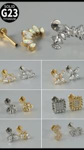 1PC G23 Pure Titanium Zircon Flat Back Earring Flower Bee Cross Ear Studs Lobe Helix Tragus Cartilage Piercing Jewelry 1.2x8mm