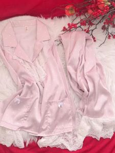 Ngọt Ngào Chấm Bi Viền Ren Gợi Cảm Băng Lụa Bộ Đồ Ngủ Tay Dài Cho Nữ Cao Cấp Cảm Giác Ở Nhà Quần Áo