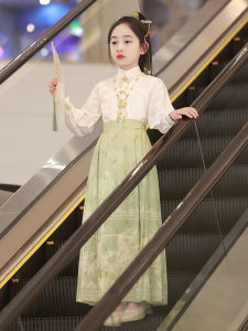 New 2024 Girls Hanfu Costume Set Traditional Ming Dynasty Horse Tailed Skirt Long Sleeve Spring Autumn Childrens Ancient Clothes