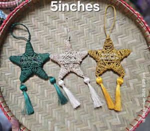 Aesthetic Native Christmas Ornament Handcrafted Star 5 Inches Green White Yellow Tassel Decor