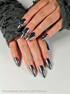 10pcs Handmade Silver Rhinestone Press on Nails Almond Long Full Cover Wearable Reusable Shiny Trendy False Nails 2026