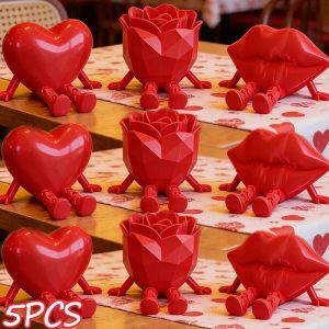 5Pcs 3D Heart Ornaments Valentines Day Red Rose Joint Miniature Figurine Dolls Wedding Party Anniversary Love Statue Romantic Gifts