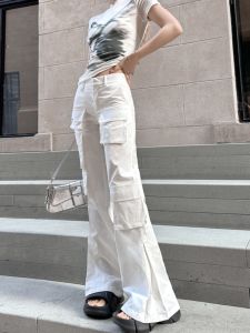 High Waist White Workwear Pants Spring 2025 Womens Straight Leg Large Pocket Design Casual Slimming Wide Leg Pants