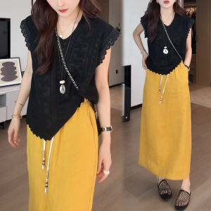 Shalldoer | Elegant Lace Embroidery Knitwear Fly Sleeve Top For Women Summer New Fashion Ageless V-neck Regular-fit Thin No-sleeve Knitted