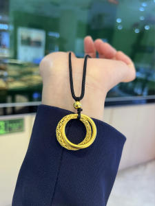 Gold Plated Ancient Method Flower Wire Double Ring Safe Buckle Pendant Black Rope Necklace New Chinese Style Woven Rope Pendant Sweater Chain