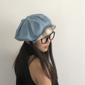 Retro Denim Plaid Beret Hat Face Slimming British Octagonal Cap Foldable Brim Artistic Painter Hat Sweet Cute Style for Women